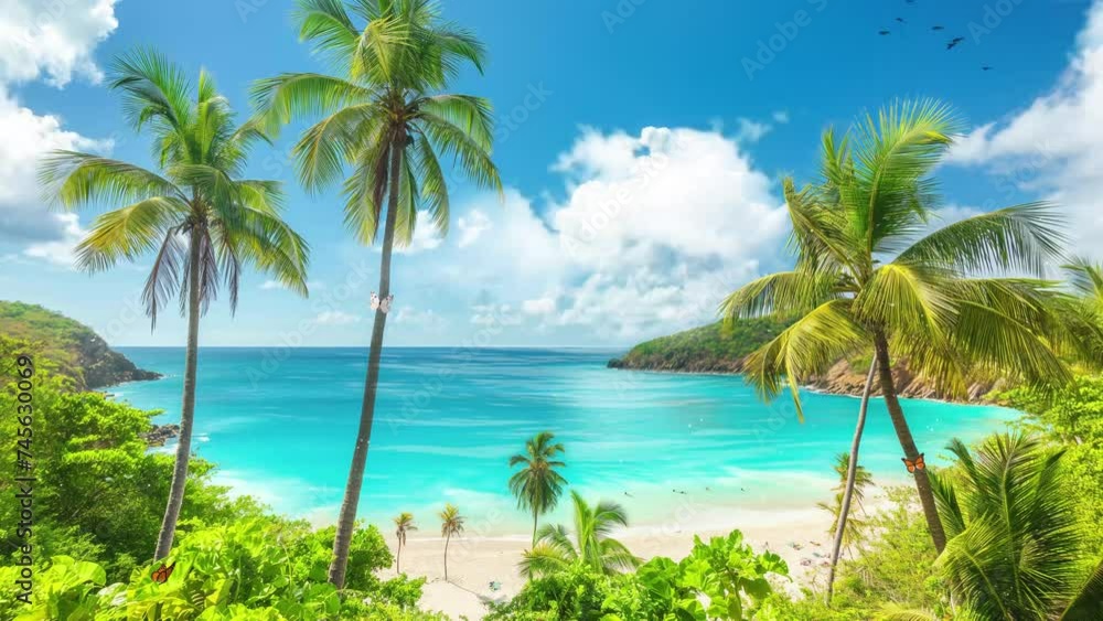 sunny tropical beach with palm trees. seamless looping overlay 4k virtual video animation background sunny tropical beach with palm trees. seamless looping overlay 4k virtual video animation background