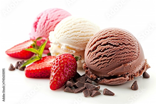 Chocolate, vanilla and strawberry Ice Cream isolated on white