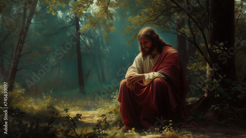 Prayer, christian and flock with man in field for worship, holy spirit and spirituality. Praying, ai generated and connection with Jesus and traditions in grass for faith, mindful and Christianity