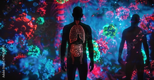  Human outline with futuristic organ illustrations, digital health innovation theme, medium shot.