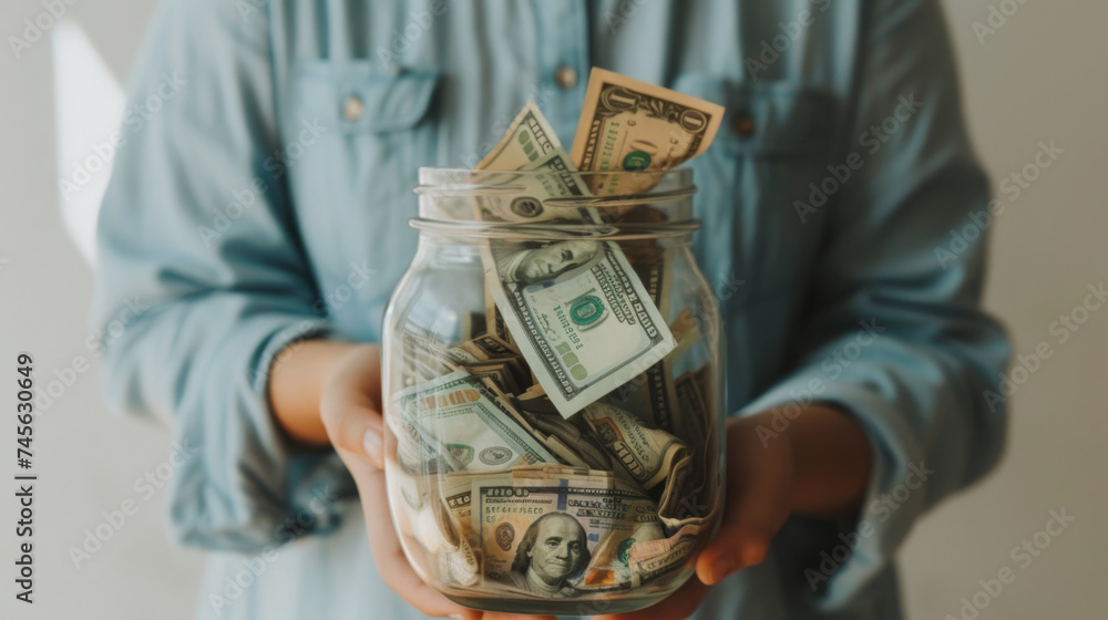 person holding a glass jar filled with various denominations of U.S. dollar bills, - obrazy, fototapety, plakaty 