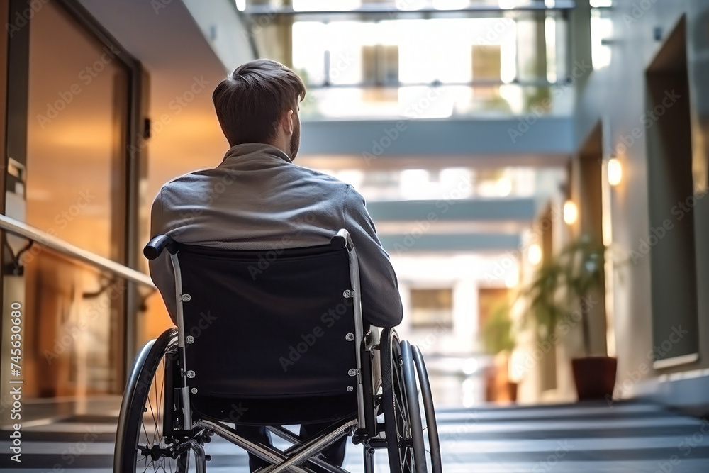 Man in Wheelchair Outside Building, Conveying the Loneliness of Living With Disabilities Man in Wheelchair Outside Building, Conveying the Loneliness of Living With Disabilities