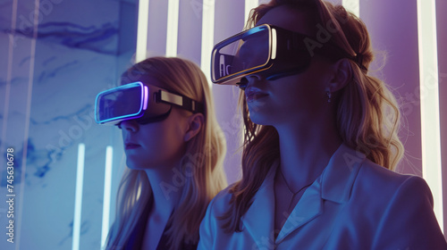 a pair of women wearing virtual reality goggles