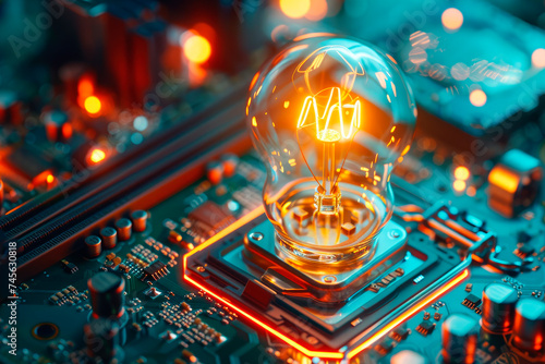 Light Bulb on computer chip - technology concept.