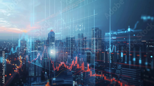 cityscape with modern skyscrapers and overlaid financial graphs, symbolizing the bustling economy and the stock market. photo