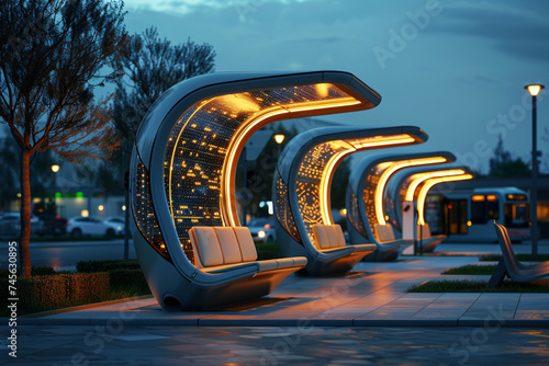 Urban furniture that collects solar energy during the day to power streetlights and public charging stations photo