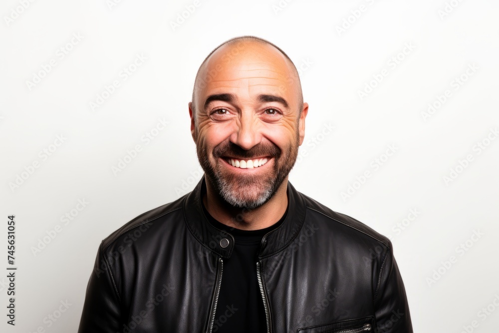 Handsome bald man with a leather jacket laughing on white background