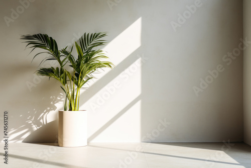Plant shadow. Empty room with flowerpot sits in the corner of a bare floor