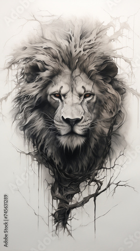 Realistic black and grey pencil drawing of lion.