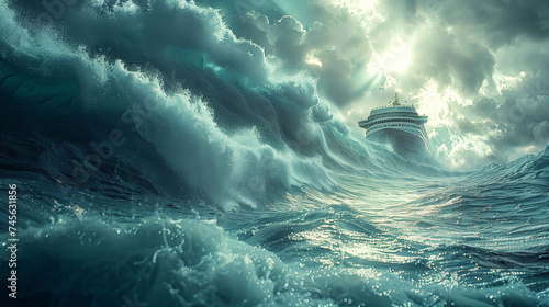 A dramatic scene of a large ship facing a towering tsunami ocean wave, highlighting the power and unpredictability of the sea.
