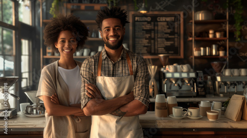 man and a woman wearing aprons are standing confidently in a cozy, rustic cafe setting, both smiling towards the camera.