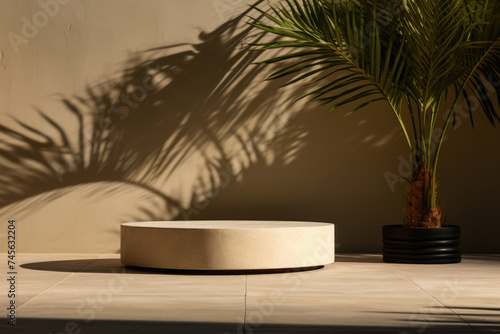 Product podium round with potted palm tree shadow on a table in Mediterranean landscape. Pedestal scene or circle stage