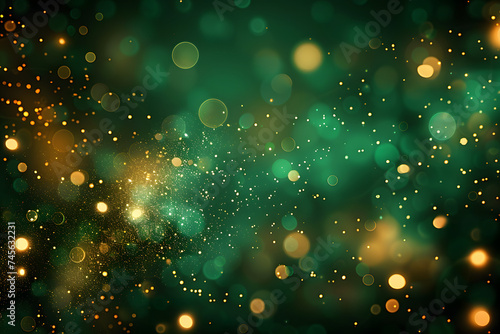 Abstract blurred festive background in gold and green colors with bokeh lights. St. Patrick's Day backdrop. Generative AI illustration