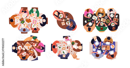 People at table, sitting and eating together, top view. Families, friends gathering, meeting for dinner, meal, food at home, restaurants set. Flat vector illustrations isolated on white background