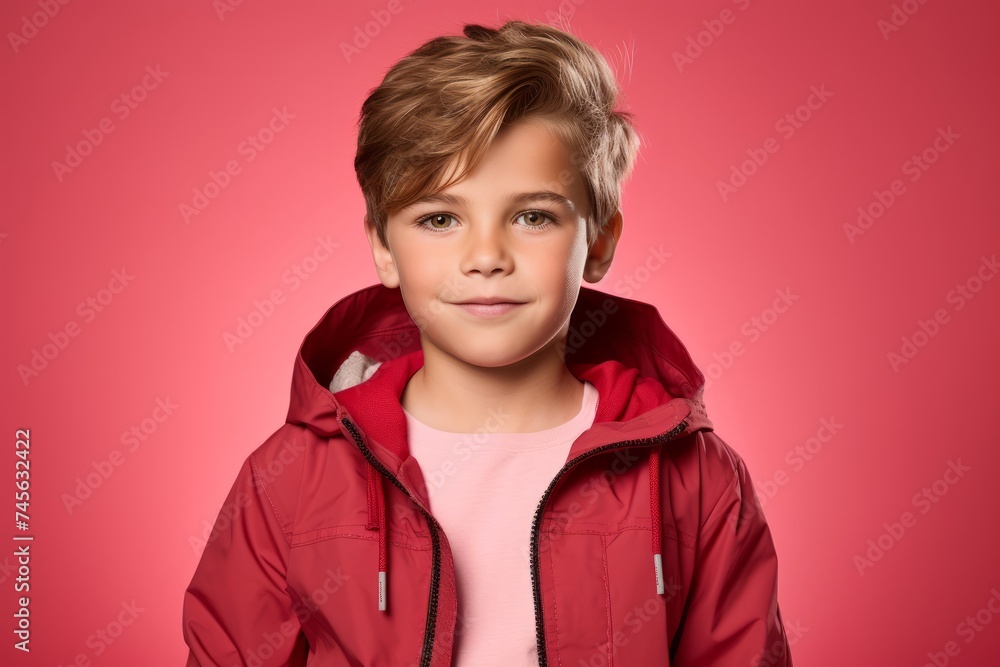 Portrait of a cute little boy in a red jacket on a pink background. Portrait of a cute little boy in a red jacket on a pink background.