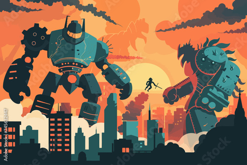 Giant Robot versus Monster in City