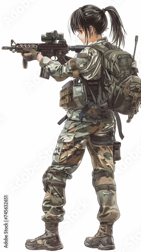 female soldier with rifle, anime style