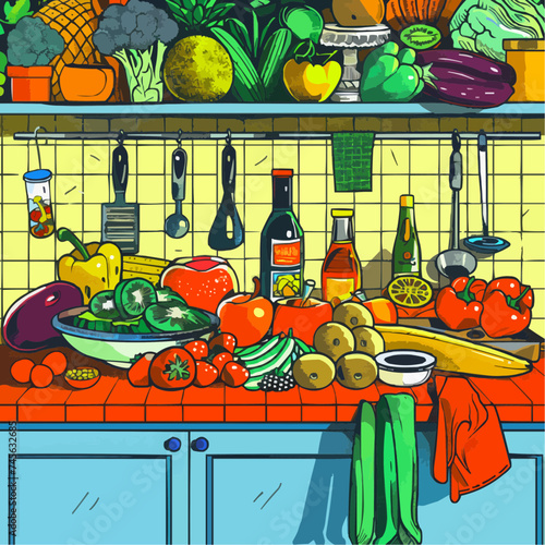 Pop art kitchen scene, variety of healthy foods