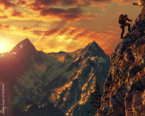 A 3D animated scene of a mountain climber conquering the top of a hill set against a unique and stunning backdrop landscape