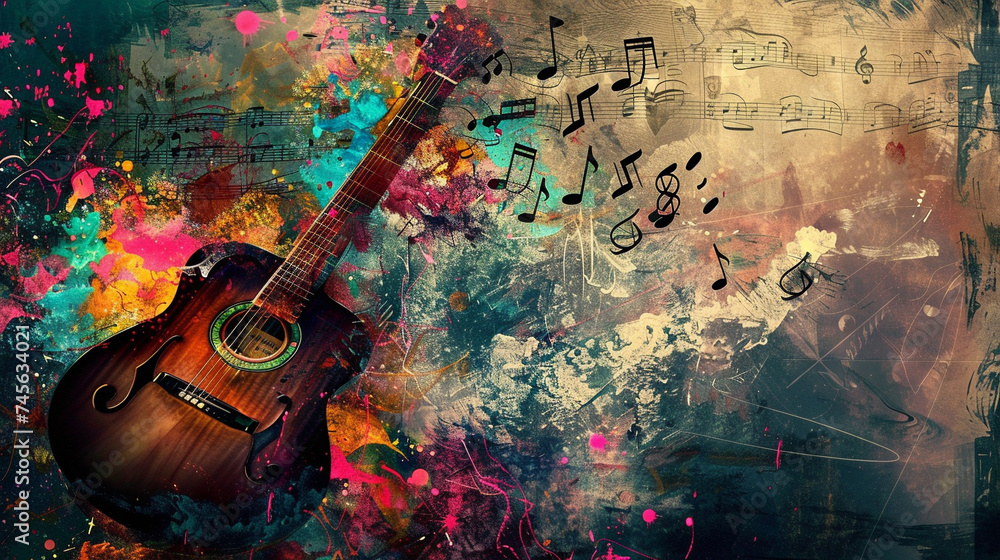 Create a surreal artwork featuring a guitar musical notes and an abstract backdrop background - obrazy, fototapety, plakaty 