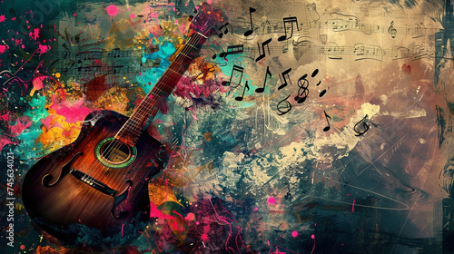 Create a surreal artwork featuring a guitar musical notes and an abstract backdrop background