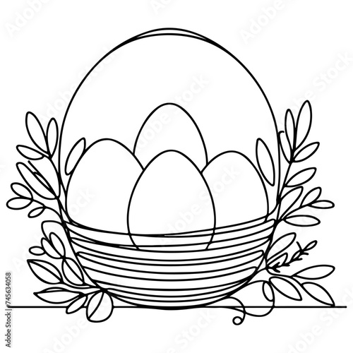 One continuous hand drawing black line basket easter eggs doodle decorated with Many different design for easter egg outline style vector