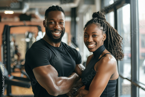 Create an image featuring a man and woman in a gym setting showcasing their dedication to fitness and healthy lifestyle