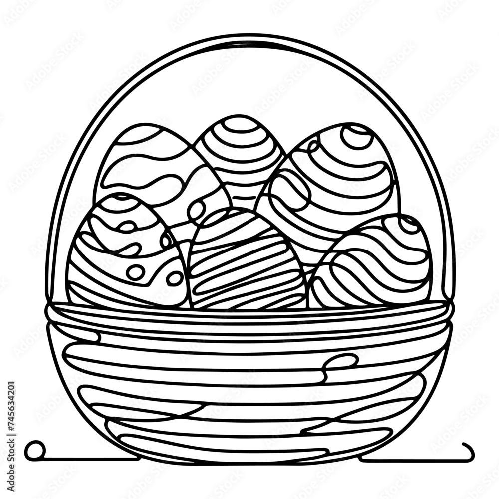 One continuous hand drawing black line basket easter eggs doodle decorated with Many different design for easter egg outline style vector One continuous hand drawing black line basket easter eggs doodle decorated with Many different design for easter egg outline style vector