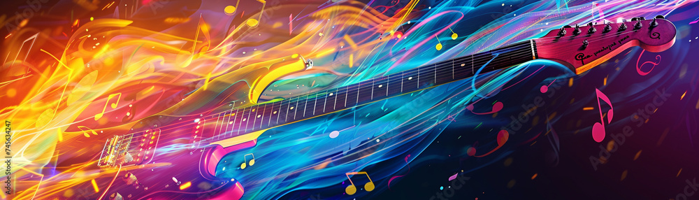 Illustrate a futuristic scene with a guitar blending into a cascade of music notes against a colorful backdrop - obrazy, fototapety, plakaty 