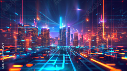 Generate a digital graphic of a futuristic city skyline with neon lights and advanced technology integration