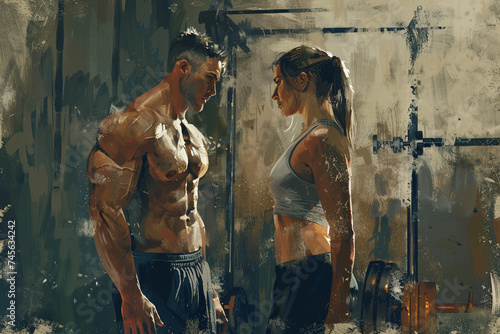 Illustrate a visually striking composition of a man and woman in a gym environment emphasizing their strength and determination