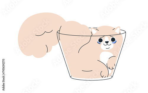 Cute funny cat in glass. Amusing kawaii kitten stuck in container. Adorable k...