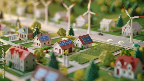 "Sustainable Living Model: A miniature eco-friendly town with solar panels and wind turbines, ideal for environmental themes."