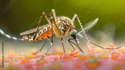 Detailed Macro of a Mosquito on Skin, Highlighting the Insect's Anatomy and Feeding Process, Educational Use © R Studio
