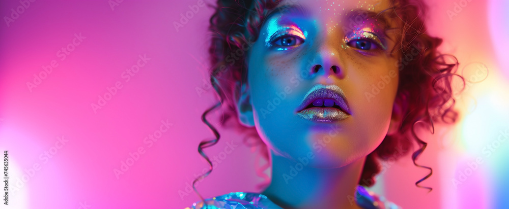 Obraz premium Fashion modern art cute young girl in colorful bright neon lights posing studio. Creative banner