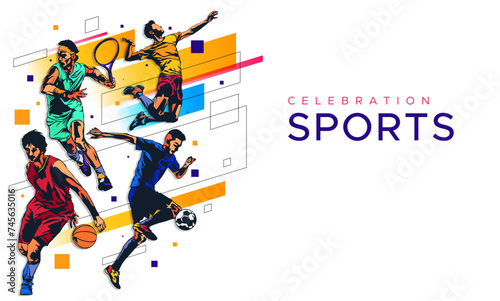 Banner template for national sports day football, basketball, tennis and volleyball background. world sports celebration