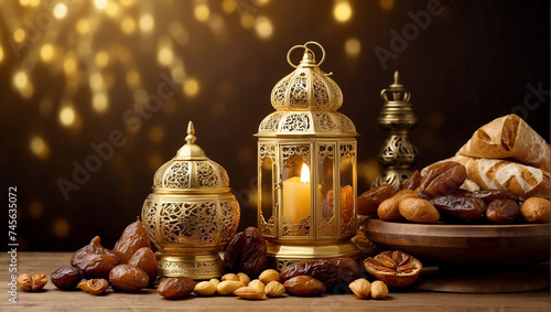Happy eid mubarak, happy iftar, ramadan kareem with arabic lantern, dates, food, arabic ornament background
