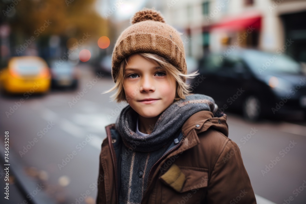 Portrait of a cute little boy in a brown coat and hat on the street Portrait of a cute little boy in a brown coat and hat on the street