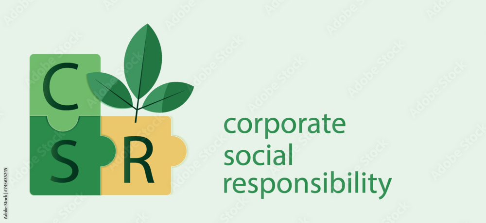 Fototapeta premium Corporate Social Responsibility (CSR) concept on a green vector background. Icon featuring puzzle pieces symbolizing responsibility. Intersection of business and environment. Vector design.
