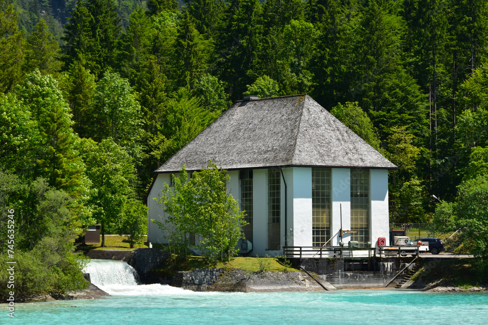 Wasserkraftwerk Niedernach, Walchensee - obrazy, fototapety, plakaty 