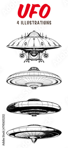 Collection of drawn unidentified flying object (UFO). Sketch illustration.
