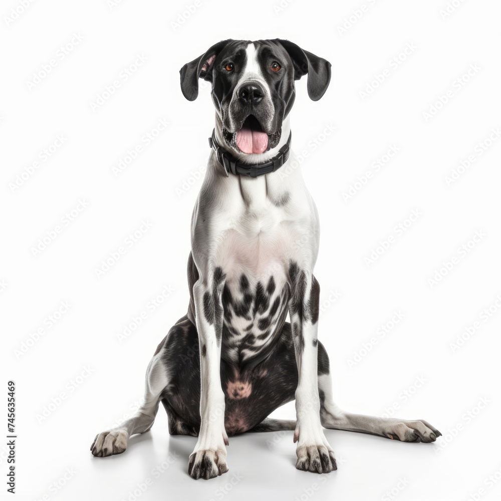 Energetic Great Dane sitting on a white background, towering build, happy expression Generative AI