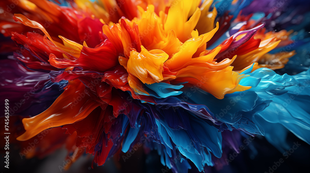 A vibrant and dynamic explosion of colorful paint captured in motion, creating a lively and abstract visual effect.