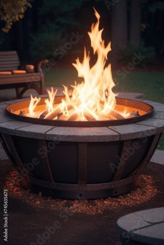a fire pit in the backyard with flames