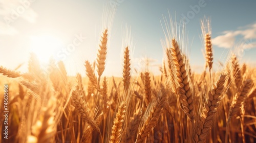 Generative AI Expansive wheat fields bathed in golden sunlight, showcasing the ripening wheat crops swaying gently in the breeze. © vadosloginov