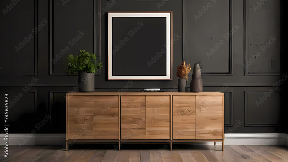 Empty Mockup frame on cabinet in living room interior on empty dark wall background Empty Mockup frame on cabinet in living room interior on empty dark wall background