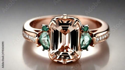 Close up of a rose gold engagement ring with green diamonds
