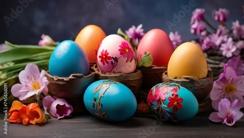 Colorful painted eggs with flowers for Easter