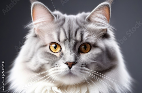 Portrait of fluffy cat on a gray background.