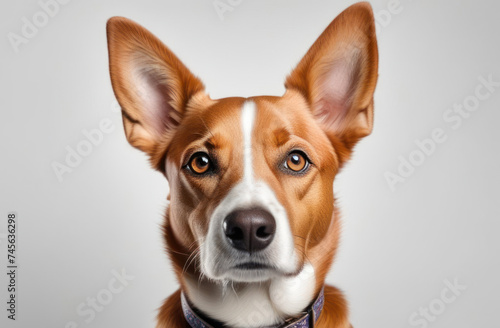 Portrait of a red dog in a collar on a light background.